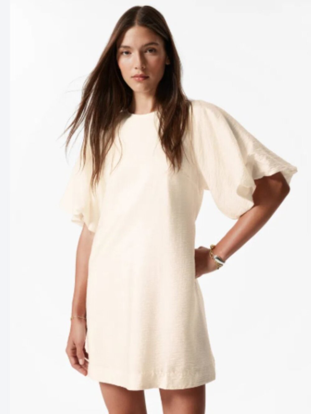 & OTHER STORIES Puff-Sleeve Mini Dress w. tie-back belt - NWT - Sz Small - Cream